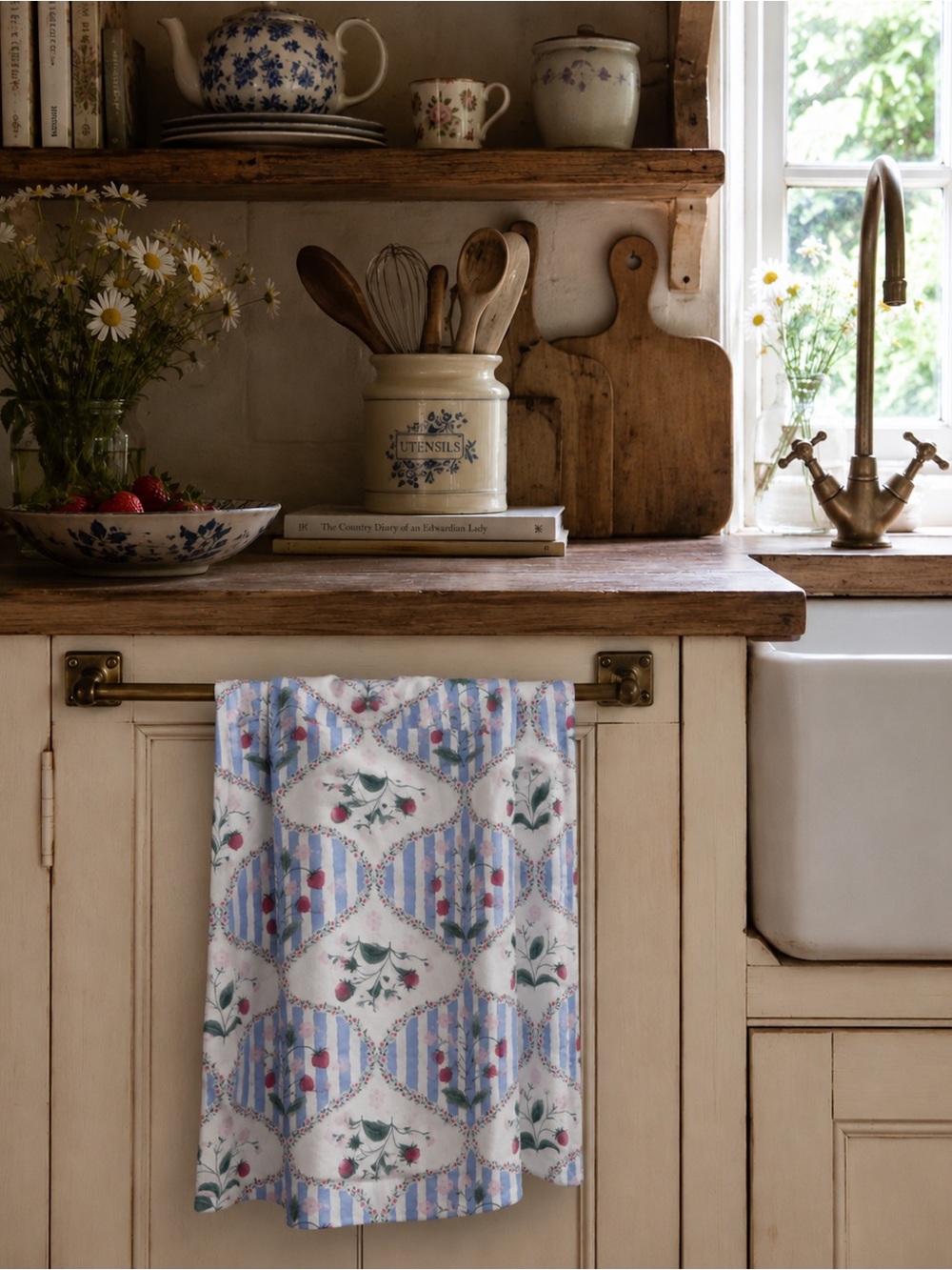 SHABBY CHIC Strawberry Blue Stripe 100% Cotton Gauze Kitchen Towels — Set of 2
